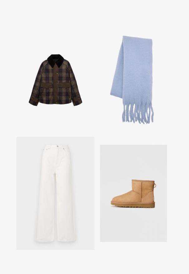 Braune und karierte Jacke mit einem schwarzen Cordkragen, zwei Fronttaschen und einem Knopfverschluss. Hergestellt aus einem strukturierten Stoff.; Cremefarbenes gestricktes Sweatshirt mit langen Ärmeln, gerippten Bündchen, Saum und Rundhalsausschnitt auf einem weißen Hintergrund.; Weiße hochtaillierte, weit geschnittene Jeans aus Denim. Verfügt über Fronttaschen, einen Knopfverschluss und ausgefranste Saumdetails.; Hellbraune Wildleder-Stiefeletten mit runder Zehenpartie, genähten Details, Ziehschlaufe an der Rückseite und einer strukturierten Gummisohle. Entwickelt für Komfort und Wärme.; Hellblauer Wollschal mit weicher Textur, langgestreckter Form und Fransen für zusätzliche Details. Ideal für Wärme und Komfort.; Braune Wildleder-Tote-Tasche mit zwei stabilen Tragegriffen, weitem offenen oberen Teil und minimalen Nähdetails, ausgestattet mit einer weichen Textur und großzügigem Innenraum.