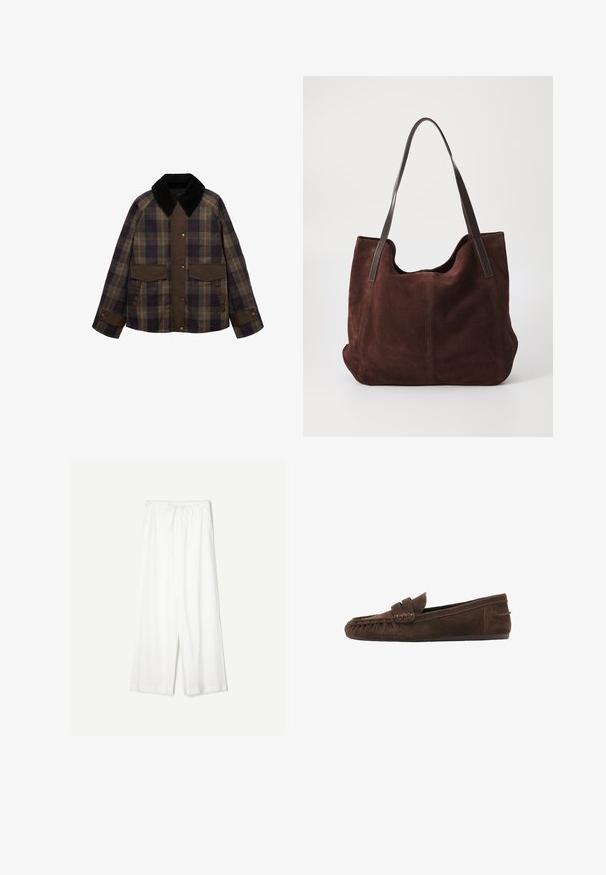 Brun og ternet jakke med en sort kordfløjlskrage, to forlommer og knaplukning. Lavet af et tekstureret stof.; Off-the-shoulder mørkeblå striktrøje med lange, udvidede ærmer og en bred ribbet halsudskæring. Cropped længde med tekstureret stof.; Hvide bukser med brede ben og snøre i taljen, vist imod en ensfarvet baggrund, som fremhæver deres afslappede stil og stoftekstur.; Brune gör læder loafers med en tekstureret overflade, der har en flettet detalje og en flad sål, designet til afslappet komfort og nem påføring.; Brun ruskind tote taske med to mørke læder skulderremme. Blød tekstur, afrundet top og et rummeligt interiør. Ingen synlig hardware eller pynt.