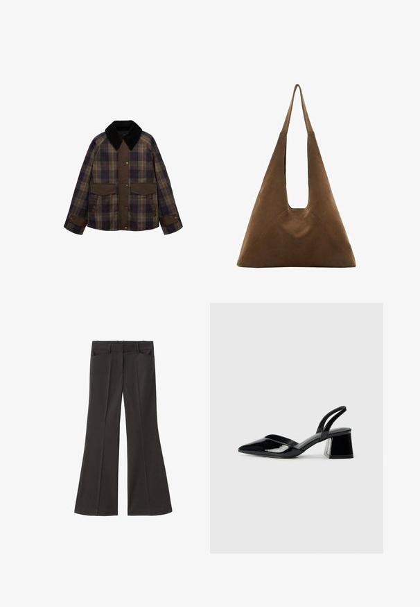 Giacca marrone a scacchi con un colletto in corduroy nero, due tasche frontali e chiusura a bottone. Realizzata in un tessuto testurizzato.; Mango Camicia - brown; Pantaloni neri a zampa d'elefante con vita alta; presentano due tasche frontali e una texture del tessuto liscia. Adatti per varie occasioni.; Décolleté in vernice nera con punta affusolata e tacco in geometria cubica. Presentano un design elegante e minimalista, con una texture liscia.; Borsa tote in suede marrone con un design triangolare, manici lunghi e una grande apertura superiore con un dettaglio di manico a intaglio.