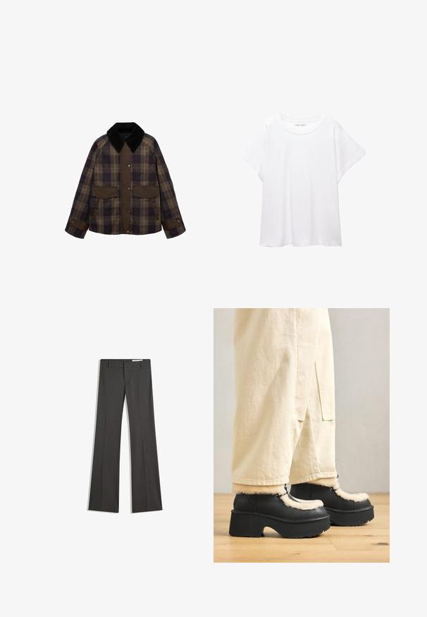 Jachetă maro și cu carouri, cu un guler din fâș de bumbac negru, două buzunare frontale și închidere cu nasturi. Fabricată dintr-un material texturat.; Tricou alb dintr-un material moale și ușor. Prezintă un decolteu rotund și mâneci scurte, largi, cu un croi lejer. Fără modele vizibile.; Pantaloni gri evazați dintr-un material neted, cu un front plat, bucle pentru curea și un design ajustat cu linii curate.; Botine negre cu platformă și vârf rotund, având un guler pufos de culoare crem și detalii cu șireturi, asortate cu pantaloni bej largi pe un podea din lemn.
