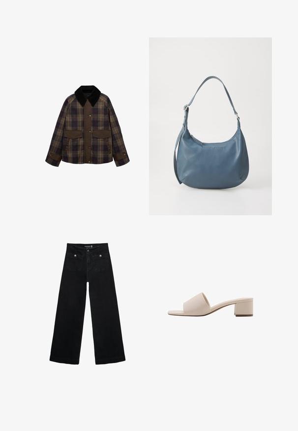 Braune und karierte Jacke mit einem schwarzen Cordkragen, zwei Fronttaschen und einem Knopfverschluss. Hergestellt aus einem strukturierten Stoff.; Weißes T-Shirt aus weichem, leichtem Stoff. Mit runder Halslinie und kurzen, weit geschnittenen Ärmeln für einen lässigen Sitz. Keine sichtbaren Muster.; Schwarze, weit geschnittene Jeans mit hoher Taille, die zwei Fronttaschen und metallene Knopfakzente aufweist. Der Stoff hat eine glatte Textur.; Beige Blockabsatzsandale mit breitem Riemen und offenem Zeh. Glattes Material und elegantes Design. Kurzer, stabiler Absatz für mehr Stabilität.; Blaue Lederhandtasche mit runder Form, einem Schulterriemen, Reißverschluss und eingeprägtem Markennamen auf der Vorderseite. Glatte Textur.
