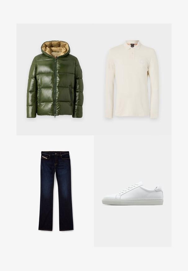 Zelená puffová bunda s lesklým povrchom, vybavená kapucňou, priebežným zipsom, dvoma zipsovými vreckami a béžovou podšívkou.; Dlhý rukáv polo tričko vo svetlej béžovej farbe, vyrobené z hladkej tkaniny, s golierom, zapínaním na dva gombíky a malou nášivkou loga na hrudi.; Tmavomodré denimové džínsy so strihom rovné nohavice, s oranžovým prešívaním, s pružným zipsovým uzáverom a prednými vreckami. Hladká textúra a štandardný pás.; Biele tenisky s hladkým koženým zvrškom a nízkym profilom. Majú zaoblenú špičku, šesť očiek a štruktúrovanú gumovú podrážku.
