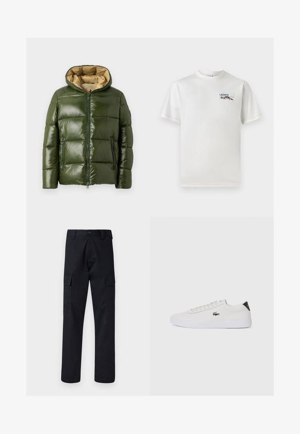 Vihreä puhvitakki, jossa on kiiltävä pinta, huppu, edessä vetoketju, kaksi vetoketjullista taskua ja vaaleanbeige vuori.; Valkoinen puuvillainen T-paita, jossa on pyöreä pääntie, lyhyet hihat ja pieni brodeerattu logo, jossa on vuoria ja teksti vasemmalla rintapielessä.; Mustat cargo-housut, jotka on valmistettu kestävästä kankaasta, suora lahkeensuukko, kaksi sivutaskua ja napin suljenta vyötäröllä.; Valkoinen nahkakenkä pyöreällä varvalla, nauhakiinnitys edessä ja musta kantapään korostus. Sivussa pieni brodyoitu krokotiililogo.