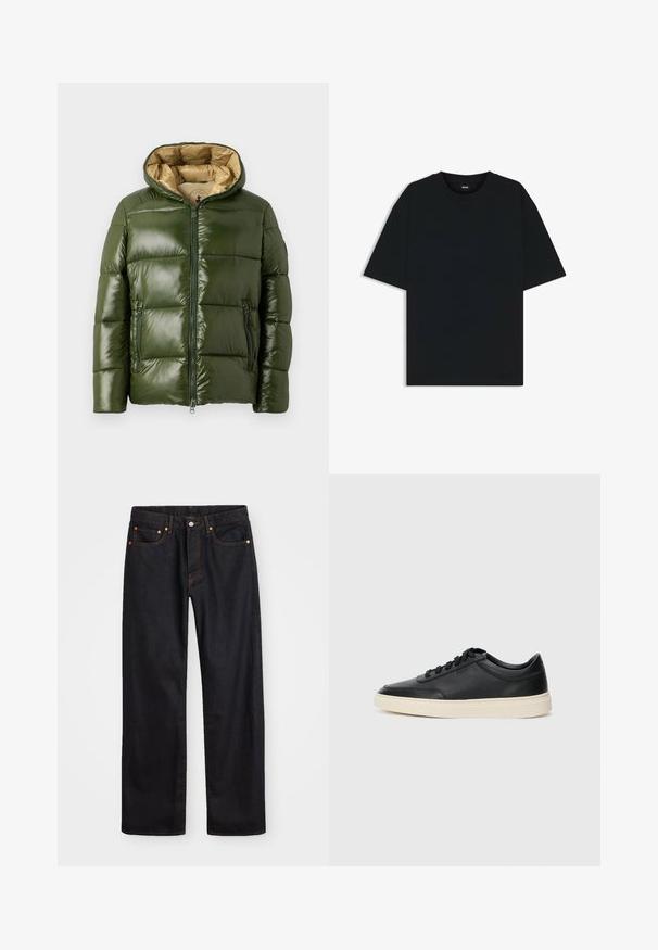 Vihreä puhvitakki, jossa on kiiltävä pinta, huppu, edessä vetoketju, kaksi vetoketjullista taskua ja vaaleanbeige vuori.; Musta puuvillainen t-paita, jossa on pyöreä kaula-aukko ja lyhyet hihat. Ominaisuuksiin kuuluu löysä istuvuus ja yksinkertainen muotoilu ilman kuvioita tai yksityiskohtia.; Miestne čierne rovné džínsy so štyrmi vreckami a oranžovým šitím, zapínanie na gombík a zips na prednom pásku.; Musta matalavartinen nahkastretchu, jossa on mustat nauhat ja vaaleanharmaa pohja, esitetty sivuprofiilissa valkoista taustaa vasten.