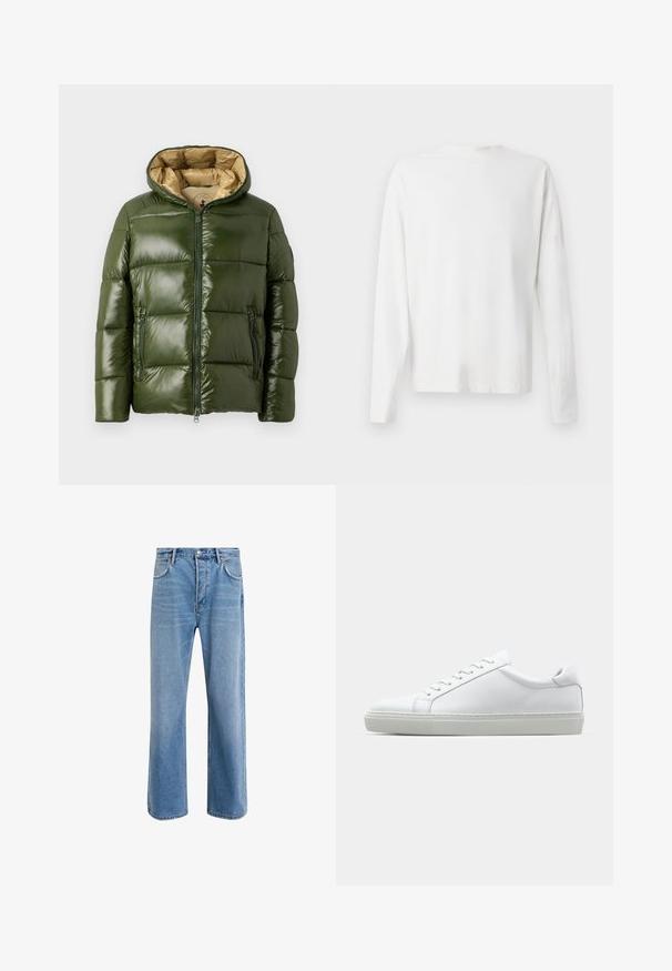 Zöld puffernadrág, fényes felülettel, kapucnival, elöl cipzáros záródással, két cipzáros zsebbel és bézs belső béléssel.; Hosszú ujjú fehér pamut ing kerek nyakkivágással, az alján oldalsó hasítékokkal és sima textúrával, hátulról bemutatva.; Világoskék farmernadrág, egyenes szárú fazonnal, öt zsebbel, gombos záródással, minimális kopással és kontrasztos varrással.; Fehér sportcipő sima bőr felső résszel és alacsony profilsal. Kerek orr, hat fűzőlyuk és barázdált gumitalp jellemzi.