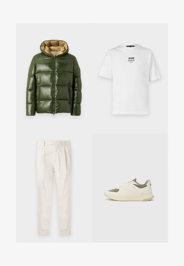 Grøn pufferjakke med en blank finish, udstyret med hætte, frontlynlås, to lynlåslommer og en beige inderforing.; Hvid bomulds t-shirt med kortærmer, rund halsudskæring og sort trykt tekst "DRYKORN FOR BEAUTIFUL PEOPLE" på forsiden.; Hvide, plisserede bukser med en skræddersyet pasform, der har en glat overflade, bæltestropper og smalnede ben. Ingen synlige lommer eller mønstre.; Hvide og lyse beige sportssko med en mesh-overdel, perforerede detaljer og en tekstureret mellemsål med branding på hælen.