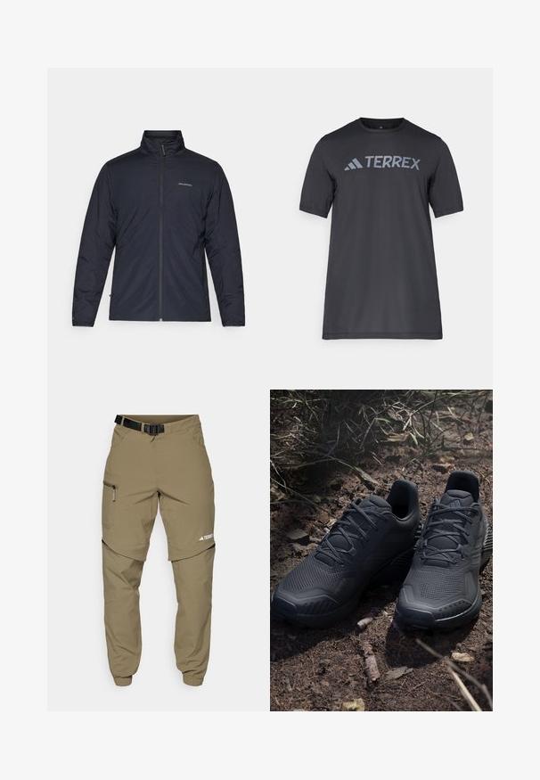 Jaqueta leve preta com gola alta, zíper inteiro e logotipo no lado esquerdo do peito. Tecido texturizado com um design minimalista.; Camiseta preta de manga curta feita de tecido leve, com o logótipo cinza-claro "TERREX" atravessando o peito e um decote redondo.; Calças exteriores bege com cinto, bolsos laterais com fecho e punhos elásticos. Apresentam um design com fecho para destacá-las, proporcionando versatilidade e uma textura suave.; Sapatilhas atléticas pretas com um cabedal de malha texturizada, biqueira reforçada e sola acolchoada, expostas sobre um solo terroso com ramos espalhados.
