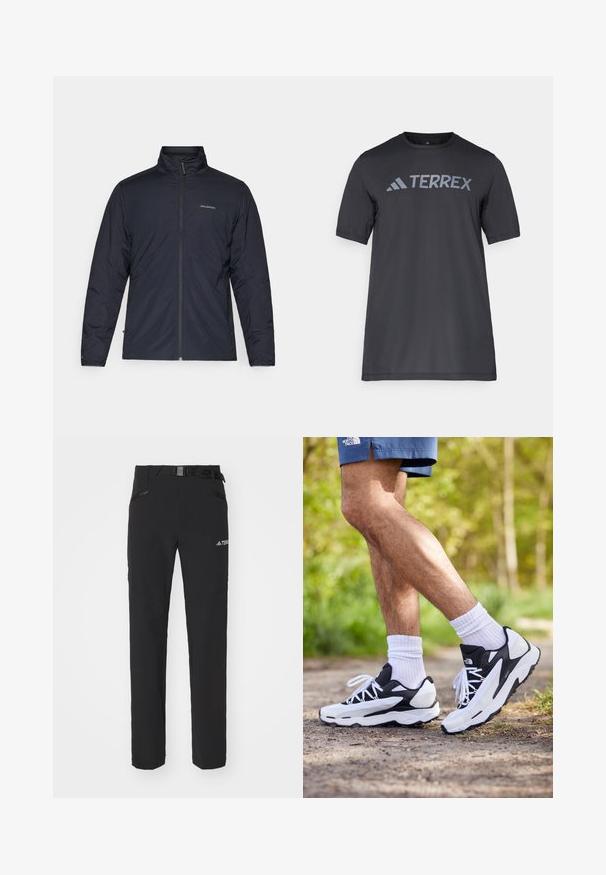 Zwarte lichtgewicht jas met hoge kraag, volledige rits en logo op de linkerkant van de borst. Gestructureerde stof met een minimalistisch ontwerp.; Zwarte korte mouwen t-shirt van lichtgewicht stof, met een lichtgrijze "TERREX" logo over de borst en een ronde hals.; Zwarte outdoorbroeken van gladde stof, met zijzakken met rits, verstevigde knieën en een verstelbare tailleband met een gesp.; Zwart-witte sportschoenen met een mesh bovenkant, tekstuuraccenten en witte veters. Draag gedragen met witte enkelsokken en marineblauwe shorts op een pad.