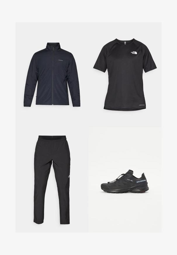 Black lightweight jacket with a high collar, full zipper, and logo on the left chest. Textured fabric with a minimalistic design.; Black short-sleeve athletic shirt with a textured fabric, featuring a white logo on the left chest and a straight hem.; Black athletic pants with an elastic waistband, made of lightweight fabric, featuring a small logo on the lower leg and a straight leg design.; Black trail running shoe with a textured upper, elastic laces, and Contagrip outsole. Features a snug fit and protective toe cap.