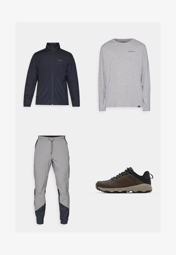 Musta kevyt takki, jossa on korkea kaulus, täysipitkä vetoketju ja logo vasemmassa rinnassa. Teksturoitu kangas ja minimalistinen muotoilu.; Vaaleanharmaa pitkähihaisuus t-paita, joka on valmistettu pehmeästä ja teksturoidusta kankaasta. Siinä on pyöreä kaula-aukko ja pieni sininen Patagonia-logo rinnassa.; Kevyet, harmaat urheiluhousut mustilla yksityiskohdilla. Joustava vyötärö, nyöri sulkeminen, kapeat lahkeet ja sivutaskut.; Ruske vedenäyttävät lenkkarit, joissa on tekstuuroitu päällinen, reikiä korostavia yksityiskohtia, musta kantatuki ja harmaa kumipohja. Kiristysnauhoissa on metalliset päät.