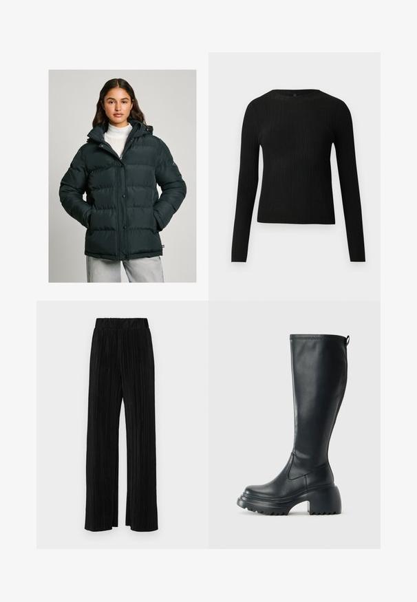 Tmavozelená péřová bunda s kapucňou, so zipsovým zapínaním, patentnými gombíkmi a prešívanou textúrou. Hladký, vodoodpudivý materiál.; Čierny rebrovaný pulóver s dlhým rukávom, priliehajúci, s okrúhlym výstrihom, vystavený na jednoduchom svetlom pozadí.; Čierne plisované nohavice s elastickým pásom. Majú široké nohavice a hladkú, textúrovanú látku s vertikálnymi pruhmi.; Vysoká čierna kožená čižma s masívnou platformou a blokovým podpätkom, s praktickým pútkom a textúrovaným vzorom na podošve.