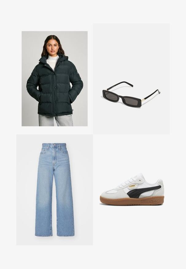 Tumši zaļš pūkains jaciņš ar kapuci, kuram ir rāvējslēdzēja aizdare, pogas un izšūta tekstūra. Gluda, ūdensizturīga materiāla.; Melnā caurspīdīgā blūze ar garām pūkainām piedurknēm, ar saistošo dekoltē un teksturētu lapu rakstu gaiši pelēkā krāsā. Pepluma siluets.; Gaiši zili augstās jostas vidukļa platās bikses ar priekšējo pogu un rāvējslēdzēju, priekšējām un aizmugurējām kabatām uz baltā fona.; Baltas ādas sneakeris ar melnu zamšādas svītru, gumijas zoli un zelta zīmolu sānos. Saites dizains ar noapaļotu purngalu.; Melnas taisnstūra saulesbrilles ar tumšiem objektīviem, spīdīgām plastikāta rāmēm un zelta akcentiem tempļos. Minimalistisks dizains un eleganta forma.