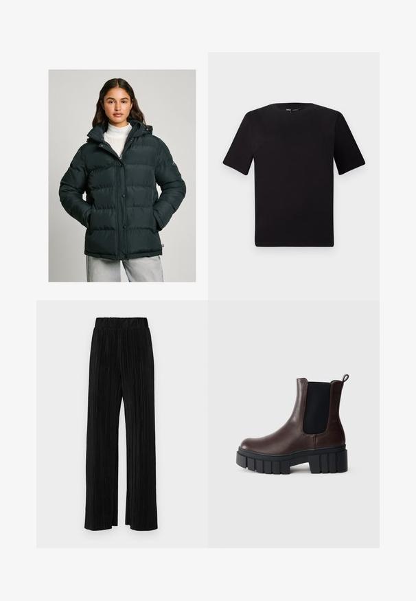 Mörkgrön puffjacka med huva, med dragkedjestängning, tryckknappar och kviltad struktur. Slät, vattenavvisande material.; Svart kortärmad t-shirt med rund halsringning, tillverkad i mjukt bomullstyg. Enkelt mönster, utan synliga logotyper eller mönster.; Svarta plisserade byxor med resårmidja. Har vida ben och ett mjukt, texturerat material med vertikala ränder.; Bruna läderankelstövlar med elastiska sidopaneler, texturerad svart sula och en kraftig klack. Har en dragflik baktill för enkel på- och avtagning.