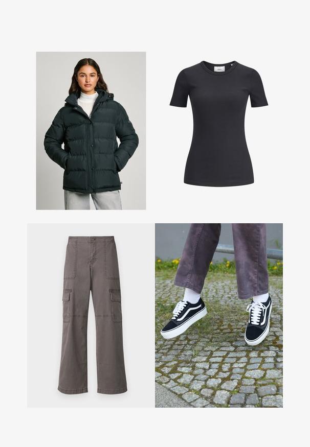 Σκοτεινό πράσινο μπουφάν με κουκούλα, διαθέτει φερμουάρ, κουμπιά κούμπωμα και ραμμένο σχέδιο. Λείο, ανθεκτικό στο νερό υλικό.; Μαύρη ριμπ κοντομάνικη μπλούζα με στρογγυλή λαιμόκοψη. Κατασκευασμένη από μαλακό, ελαστικό ύφασμα, με διακριτή υφή και εφαρμοστή σιλουέτα.; Γκρι cargo παντελόνι από βαμβάκι με φαρδιά γραμμή, που διαθέτει δύο μπροστινές τσέπες, δύο πλαϊνές τσέπες και εμφανή ραφές.; Μαύρα σουέτ sneakers με λευκές λεπτομέρειες, διαθέτοντας στρογγυλή μύτη, παχύ λευκό πέλμα και κλασικό σχέδιο με κορδόνια, φορεμένα με λευκές κάλτσες και μωβ παντελόνι.