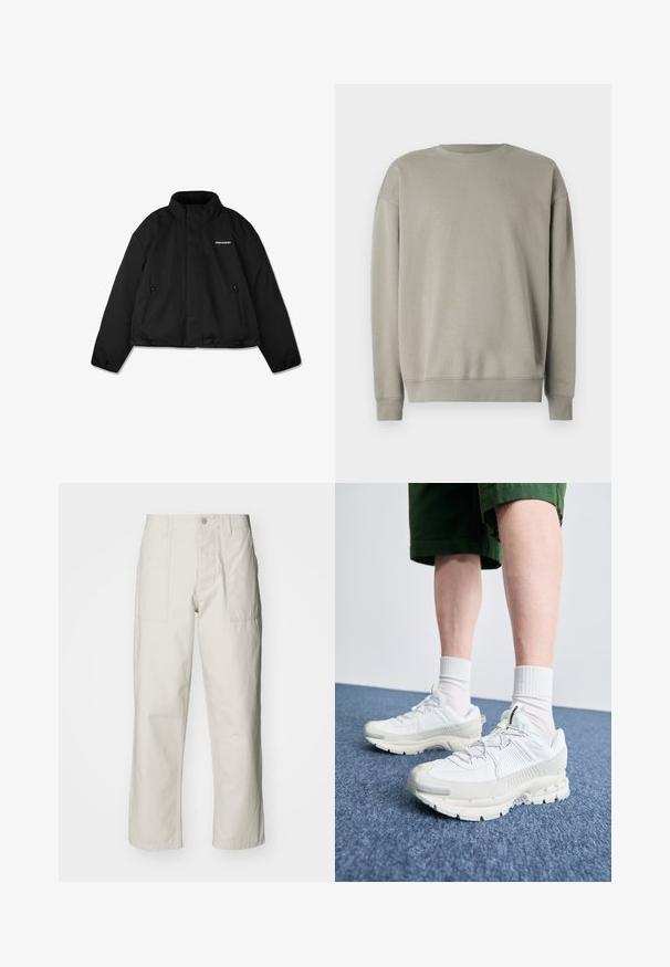 Casaco preto acolchoado com gola alta, bolsos laterais com fecho e logótipo da marca no peito. Acabamento suave, design curto.; Sweatshirt cinza claro com um simples gola redonda, mangas longas e punhos canelados, feito de um tecido macio com uma textura suave.; Calças largas em bege claro, feitas de algodão. Apresentam bolsos frontais e fecho com botão. Textura suave com linhas verticais subtis.; Sapatos atléticos brancos com sobreposições texturizadas, sola espessa e detalhes em cinza. Usados com meias brancas até ao tornozelo e calções verdes sobre uma superfície azul.