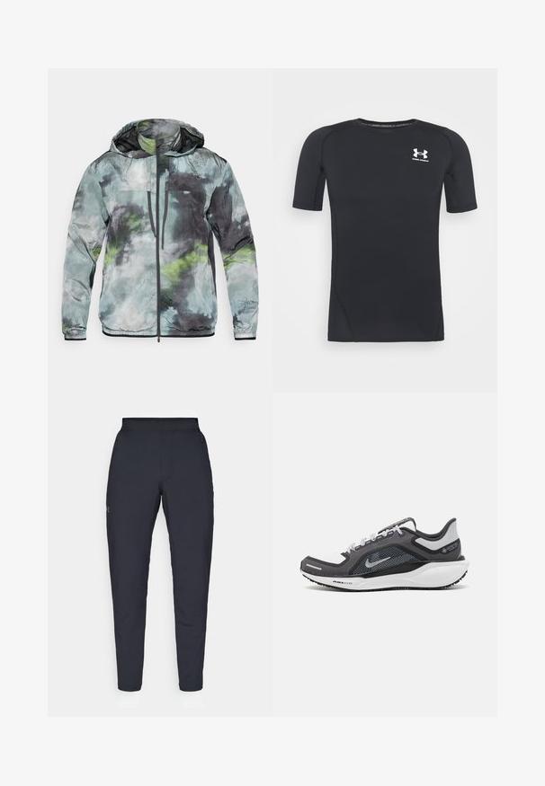 Lightweight jacket in shades of green, gray, and black. Features a hood, front zip, and textured fabric with abstract patterns.; Black short-sleeve athletic shirt made of moisture-wicking, stretchy fabric. Features a round neckline and a small white logo on the chest.; Black athletic pants with a smooth texture, slim fit, elastic waistband, and side pockets. Features a small logo on the left thigh.; Black and gray athletic shoe with a mesh upper, reflective accents, and a white midsole. Features textured rubber outsole and laces.