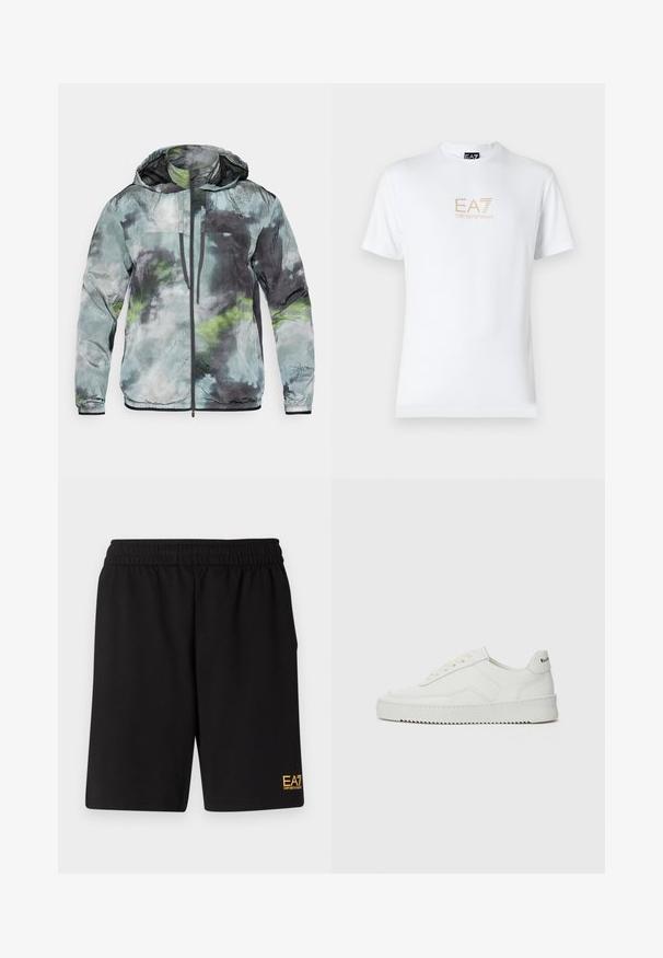 Let jakke i nuancer af grøn, grå og sort. Har hætte, frontlynlås og tekstureret stof med abstrakte mønstre.; Hvid bomulds t-shirt med rund halsudskæring og korte ærmer, prydet med et gold EA7 Emporio Armani logo trykt på forsiden.; Sorte atletiske shorts lavet af blødt stof, med en elastisk talje og et lille gult EA7-logo nederst på venstre ben.; Hvide lædersneakers med en glat overflade, rund tå, flade snørebånd og en tekstureret sål. Har et diskret logo på hælen.