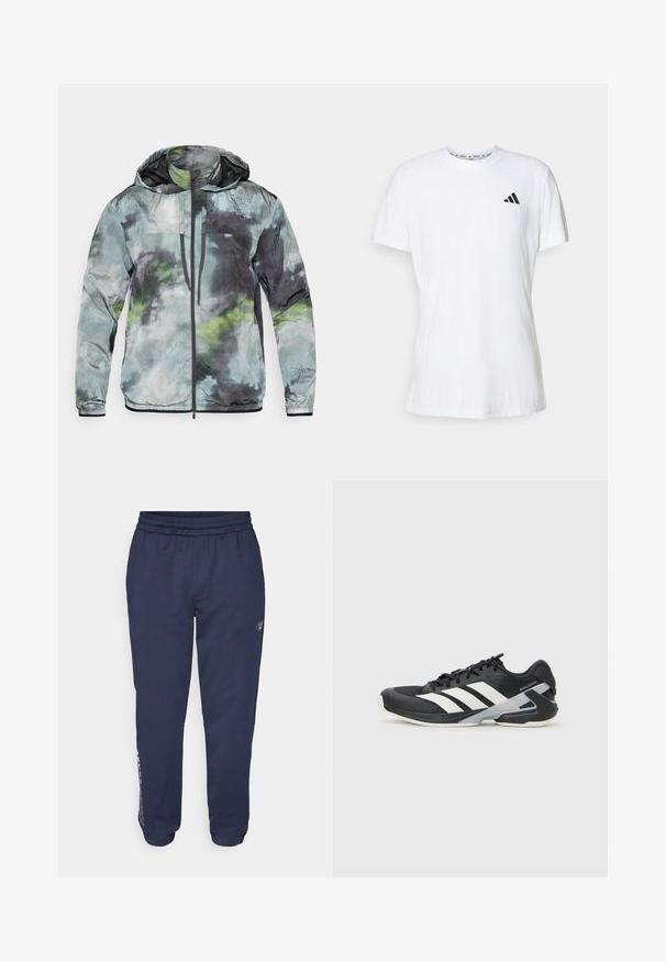 Lengvas švarkas žalsvai pilkose ir juodose atspalviuose. Pristatoma su kapišonu, priekyje užtrauktuku ir tekstūruotu audiniu su abstrakčiais raštais.; Balta medvilninė marškinėlė trumpomis rankovėmis, turinti tekstūrinį paviršiaus apdorojimą ir juodą trijų juostelių logotipą kairiajame krūtinės kampe. Apvalus iškirpimas.; Tamsiai mėlynos sportinės kelnės, pagamintos iš minkštos medžiagos, su raišteliu ties liemeniu, šoninėmis kišenėmis ir logotipo spauda kairiajame šone.; Juoda sportinė avalynė su baltais dryžiais, tinklinis viršus, apvalus pirštas ir paminkštinta padais. Yra tekstūruota kulno dalis ir saugi raištelių sistema.