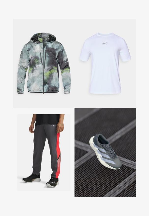 Kerge jope rohelise, halli ja musta värvitoonis. Omab kapuutsi, esimest lukku ja tekstureeritud kangast abstraktsete mustritega.; Valge lühikeste varrukatega spordisärk, mis on valmistatud kergest, hingavast puuvillaste võrkkangast. Omab ümmargust kaelust ja ümarat EA7 logo rinnal.; Hallituspüksid halli värviga, millel on punane külgpaneel ja triibustatud aktsendid. Valmistatud kerge materjali sisaldavad. Omavad logo puusal ja taskuid.; Hallide saapad hallis ja valges, valmistatud sünteetilisest materjalist, voolujoonelise disainiga, tekstuurse viimistlusega ja silmapaistva nöörimise süsteemiga.