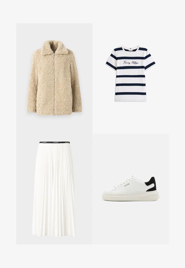 Bež jakna od umjetnog krzna s ovratnikom, prednjim patentnim zatvaračem i dva bočna džepa. Mekana tekstura i opušteni kroj.; Pamučna majica s horizontalnim tamnoplave pruge na bijeloj pozadini. "Tommy Hilfiger" izvezeno kurzivom na prsima. Okrugli izrez.; Nabrana bijela suknja s crnim elastičnim pojasom na kojem se nalazi logo "LACOSTE". Srednje dugačak dizajn s mekim teksturom.; Bijele kožne tenisice s debelim bijelim potplatom, crnim zamšastim akcentom na peti i ugraviranim logom sa strane. Dizajn s vezicama i šest rupa za vezivanje.