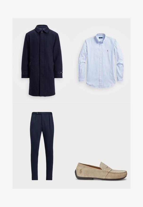 Marinblå ullkappa med knappstängning, spetsiga krage, två sidofickor och knappade manschetter. Slät textur med subtila mönsterdetaljer.; Ljusblå och vit randig skjorta med knäppning, klassisk krage, långa ärmar och en liten broderad logotyp på bröstet.; Marinblå skräddarsydda byxor med en slät front, två framveck och en enkel knappstängning, i ett mjukt, strukturerat tyg.; Beiga mockasiner i mocka med en sömdetalj, platt gummisula och en liten logotyp på sidan. Klassisk slip-on design, mjuk textur.