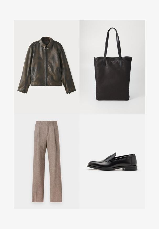 Læderjakke i mørkebrun med fremadgående lynlås, trykknapkrave og to sidelommer. Glat tekstur med subtile farvevariationer.; Lysblå langærmet skjorte med spids krave, sorte knapper og et unikt udskæring foran for et særpræget design.; Brune, højtaljede bukser lavet af tekstureret stof. Har brede ben og to frontfoldninger for struktur. Pæn finish uden synlig hardware.; Sorte læderloafers med en glat overflade, rund tå og en dekorativ strop over vampen. Lav hæl med stabeldesign, minimalistisk stil.; Sort lærred tote taske med sorte læderhåndtag. Simpelt design, rummelig krop og en glat overflade. Ingen synlige logoer eller mønstre.