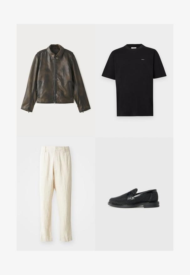 Leather jacket in dark brown, featuring a front zipper, snap collar, and two side pockets. Smooth texture with subtle color variations.; Black short-sleeve crewneck t-shirt with small white "NN. 07" logo on the left chest, displayed on a white background.; Beige linen trousers with a loose fit, tapered legs, and a flat front. Features an elastic waistband for comfort and minimal seam detailing.; Black woven slip-on shoe with a smooth leather accent on the upper, a round toe design, and a low-profile rubber sole.