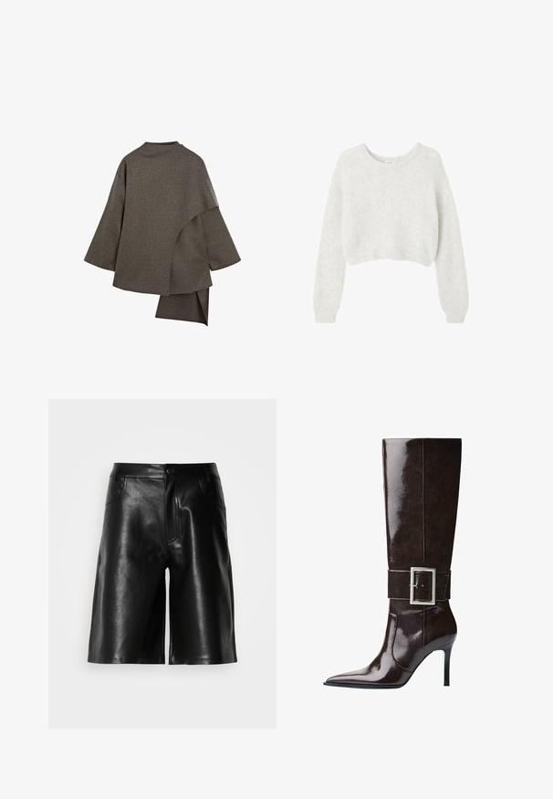 Asymmetrische bruine wollen jas met brede mouwen, een hoge halslijn en een gelaagd ontwerp dat elegant aan de achterkant valt.; Grijze cropped trui gemaakt van zacht, fuzzy materiaal. Heeft lange mouwen en een ronde halslijn, met een gladde, lichte textuur.; Korte mouwen, licht crèmekleurig topje met een ronde hals, gemaakt van zachte stof. Heeft een ontspannen pasvorm en een gladde textuur, geschikt om te dragen in laagjes.; Zwarte leren shorts met een gladde textuur, voorzien van zijzakken, een ritsgulp en een op maat gemaakte pasvorm.; Donkerbruin leren kniebots met een spitse neus, stilettohak en een brede band met een grote rechthoekige zilveren gesp.