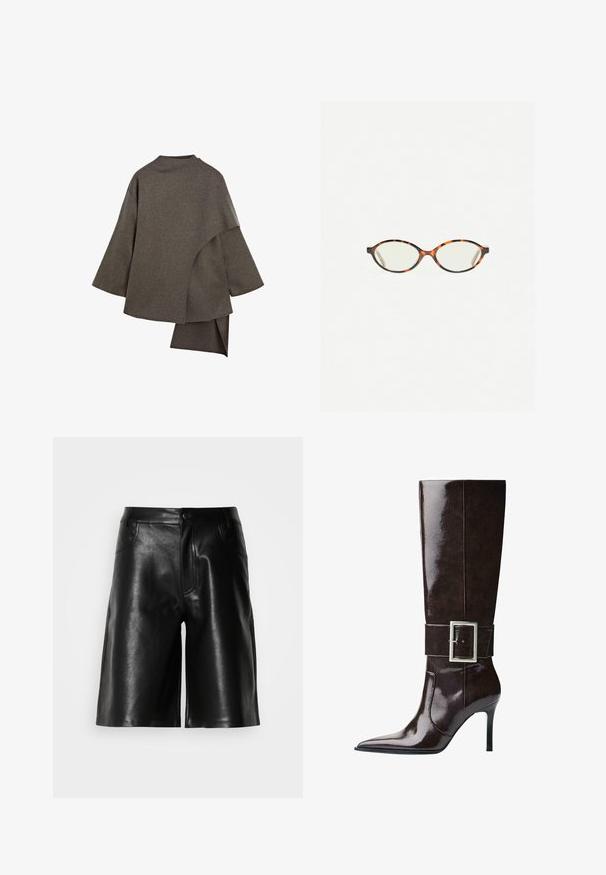 Asymmetrisk brun uldjakke med brede ærmer, høj halsudskæring og et lagdelt design, der draperer elegant bagpå.; Grå cropped sweater lavet af blødt, fuzzy materiale. Har lange ærmer og en rund halsudskæring med en glat, let tekstur.; Kortærmet, lys creme top med rund hals, lavet af blødt stof. Den har en afslappet pasform og glat tekstur, der er velegnet til lag-på-lag.; Sorte lædershorts med en glat tekstur, der har forlommer, lynlås og en skræddersyet pasform.; Mørkebrune knæhøje læderstøvler med spids tå, stiletto-hæl og bred rem med stort rektangulært sølvspænde.; Skildpaddebriller med ovale linser og en elegant, glat finish. Har tynde sider med en subtil kurve ved tindingerne. Klare linser.