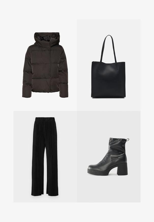 Fekete pufi dzseki magas gallérral, steppelt mintázattal és dobozszerű szabással. Simak, könnyű anyagból készült a melegség érdekében.; Fekete, rövid ujjú póló, kerek nyakkal, puha pamutból készült. Egyszerű dizájn, nincs látható logó vagy minta.; Fekete pliszírozott nadrág gumis derekkal. Széles lábakkal rendelkezik, sima, texturált anyagból készült, függőleges csíkokkal.; Fekete bokacsizmák sima bőrből, oldalsó cipzárral, vastag, texturált sarkú és lekerekített orrú dizájnnal.; Fekete bőrtáska sima felszínnel, téglalap alakú, két hosszú füllel. Nincs látható fémkiegészítő vagy díszítés.
