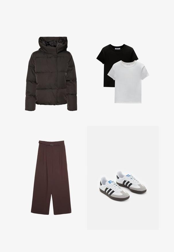 Musta toppatakki, jossa on korkea kaulus, tikattu kuvio ja suorakulmainen muoto. Valmistettu sileästä, kevyestä materiaalista lämmittävyyttä varten.; Kaksi crew-neck t-paitaa mustana ja valkoisena, valmistettu puuvillasta. Ne sisältävät lyhyet hihat ja yksivärisen muotoilun ilman kuvioita tai korostuksia.; Stradivarius WIDE-LEG WITH BUCKLE DETAIL - Housut - dark brown; Urheilukengät, joissa on valkoinen nahkainen päällinen, harmaa mokkanokka ja kolme mustaa raitaa. Ominaisuuksina sininen logo kielekkeessä ja kuvioitu kumipohja.