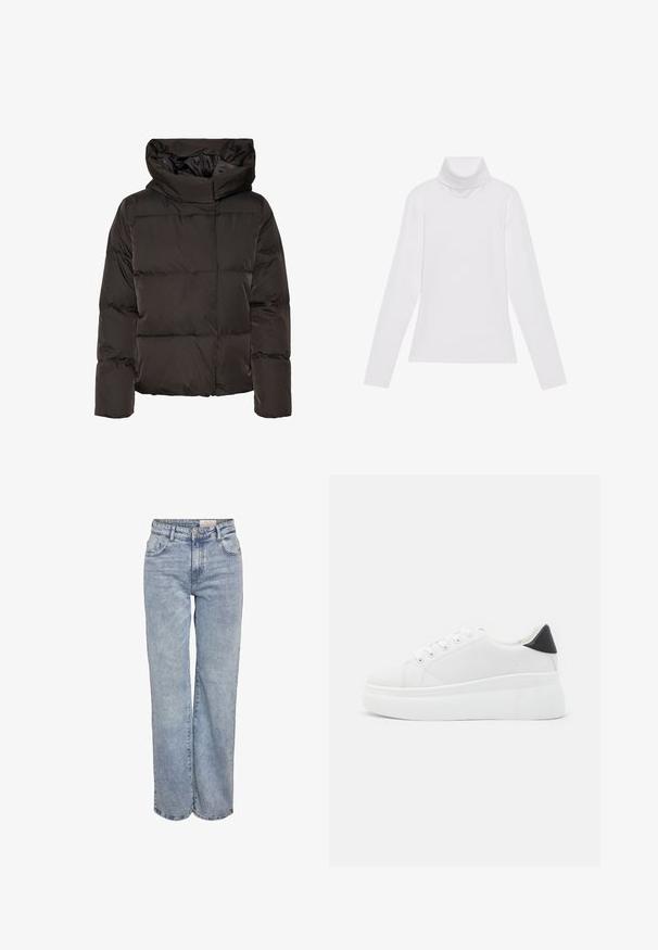 Black puffer jacket with a high collar, quilted design, and a boxy shape. Made from smooth, lightweight material for warmth.; White long-sleeve turtleneck top made of smooth, stretchy fabric. Features a high collar and fitted design, with no visible patterns or embellishments.; Light blue wide-leg jeans made from denim, featuring a high waist, five-pocket design, and subtle fading for a worn-in look.; White platform sneakers made of smooth synthetic material, featuring a rounded toe, lace-up design, and a textured rubber sole. Black heel accent.