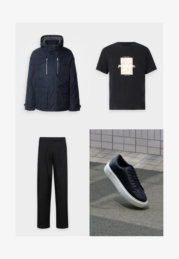 Navy insulated jacket featuring a hood, two zippered chest pockets, and two front flap pockets. Designed with a smooth, seamless finish.; Black cotton t-shirt with round neck. Features a beige rectangular graphic and white text, "JAWO," centered on the front. Short sleeves.; Black trousers made of smooth fabric, featuring a straight-leg design, two front pleats, and standard waistband with belt loops.; Black leather sneaker with rounded toe and white rubber sole. Features flat laces and minimal stitching on the upper. Textured sole for grip.