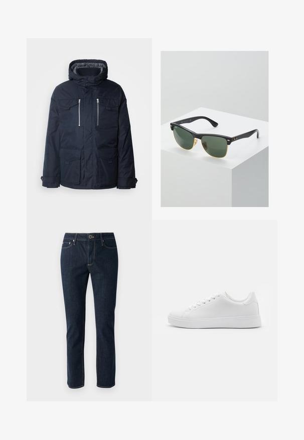 Marineblaue isolierte Jacke mit Kapuze, zwei Reißverschlusstaschen an der Brust und zwei Taschen mit Klappe auf der Vorderseite. Mit einer glatten, nahtlosen Oberfläche gestaltet.; Weißes Baumwoll-T-Shirt mit kurzen Ärmeln, Rundhalsausschnitt und einem roten grafischen Text "LECKERER ERFRISCHENDER FRUCHT" auf der Vorderseite.; Dunkelblaue Denim-Jeans mit geradem Bein, ausgestattet mit einem Knopfverschluss, fünf Taschen und kontrastierenden Nähten. Glatte Textur.; Weiße Sneakers mit einem glatten synthetischen Obermaterial, runder Zehenform, sechs Ösen für Schnürsenkel und einer flachen Gummisohle mit strukturierten Details.; Ray-Ban Sonnenbrillen mit grünen Gläsern, schwarzen Kunststoffrahmen und goldenen Akzenten an den Rändern. Quadratische Form mit matter Oberfläche.