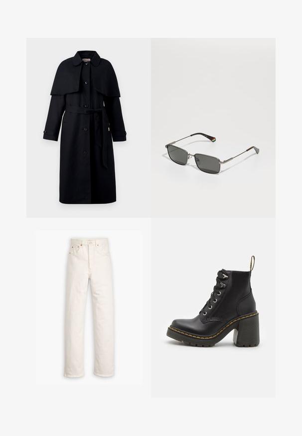 Hunter ORIGINAL KELTIE - Ballonkabát - black; Fehér, hosszú ujjú, gombos ing, strukturált gallérral és lekerekített aljjal. Zökkenőmentes, egyszínű anyagból készült, látható minták vagy díszítések nélkül.; Fehér farmeregyenes lábszárral, öt zsebes stílusban, réz hardver díszítéssel. Nyers szegés a bokáknál.; Fekete bőr bokacsizma, telitalpú, csipkés elülső résszel, fém szemekkel és sárga varrással a talpon. Texturált gumi talp.; Polaroid UNISEX - Napszemüvegek - matte black