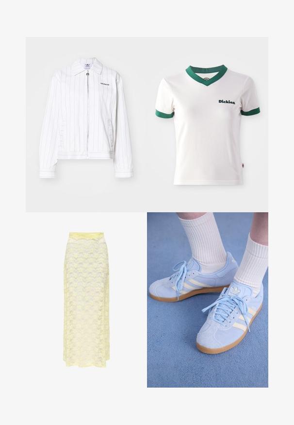 Balta zip-up jaka ar vertikālām melnām svītrām, kurai ir smaila apkakle, sānu kabatas un melns Adidas logo uz krūšu daļas.; Baltas īsām piedurknēm t-krekls ar zaļām V veida kakla un piedurkņu malām; ar tumši zaļo "Dickies" logo uz kreisā krūšu. Gluda kokvilnas tekstūra.; Dzeltena mežģīņu maksi svārki ar viļņotu rakstu, ar gludu jostu un maigu, caurspīdīgu tekstūru. Izstrādāti plūstošam siluetam.; Gaiši zila zamšādas sporta apavi ar baltām svītrām, plakaniem šņorēm un gumijas zoli. Virs potītes ir uzvilktas ribotas baltas zeķes.