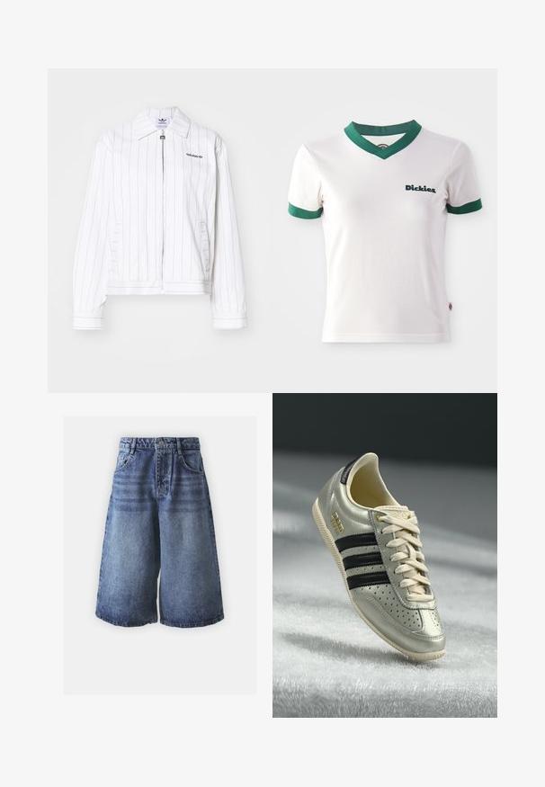 Valge tõmblukujope vertikaalsete mustade triipudega, millel on terav krae, küljetaskud ja must Adidas logo rinnal.; Valge lühikeste varrukatega T-särk rohelise V-kaeluse ja varrukate äärapitsidega; vasakul rinnal tumeroheline "Dickies" logo. Siledast puuvillasest materjalist.; Denim lühikesed püksid helesinise kuni tumesinise gradiendiga, klassikalise viie tasku disainiga, millel on nööpide kinnitamine ja laiad sääred.; Helehallid nahast tossud mustade triipudega, perforatsioonide detailidega, beežide nööpidega ja kuldse logotäpiga. Tekstuuriga kummitald.