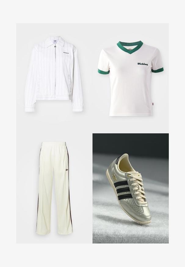 Bela zip-up jakna z vertikalnimi črnimi črtami, ki ima špičast ovratnik, stranske žepe in črni Adidasov logo na prsih.; Bela kratka majica s kratkimi rokavi z zelenim V-izrezom in obrobami rokavov; vsebuje logotip "Dickies" v temno zeleni barvi na levem prsnem delu. Gladka bombažna tekstura.; Kremne hlače za treniranje s sproščenim krojem, ki imajo temno rjave stranske črte in vezeno logo na levem stegnu.; Svetlo sivi usnjeni tekači s črnimi črtami, perforiranimi detajli, bež čipkami in zlatim logotipom. Teksturiran gumijast podplat.