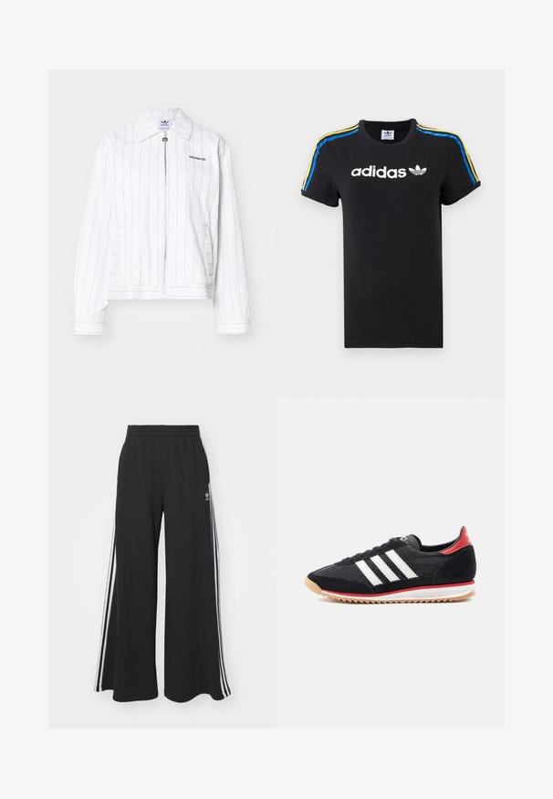 Jaqueta branca com fecho frontal e listras pretas verticais, com gola pontuda, bolsos laterais e o logótipo da Adidas em preto no peito.; T-shirt preta de algodão com mangas enroladas; apresenta o logótipo branco da Adidas e riscas multicoloridas (azul, amarelo e vermelho) ao longo dos ombros.; Calças de suor largas e pretas com uma cintura elástica, apresentando riscas brancas nas laterais e um logótipo bordado na coxa esquerda.; Sapato desportivo preto com riscas brancas, detalhes em camurça e calcanhar vermelho. Textura em malha e sola de borracha com padrão de piso castanho claro.
