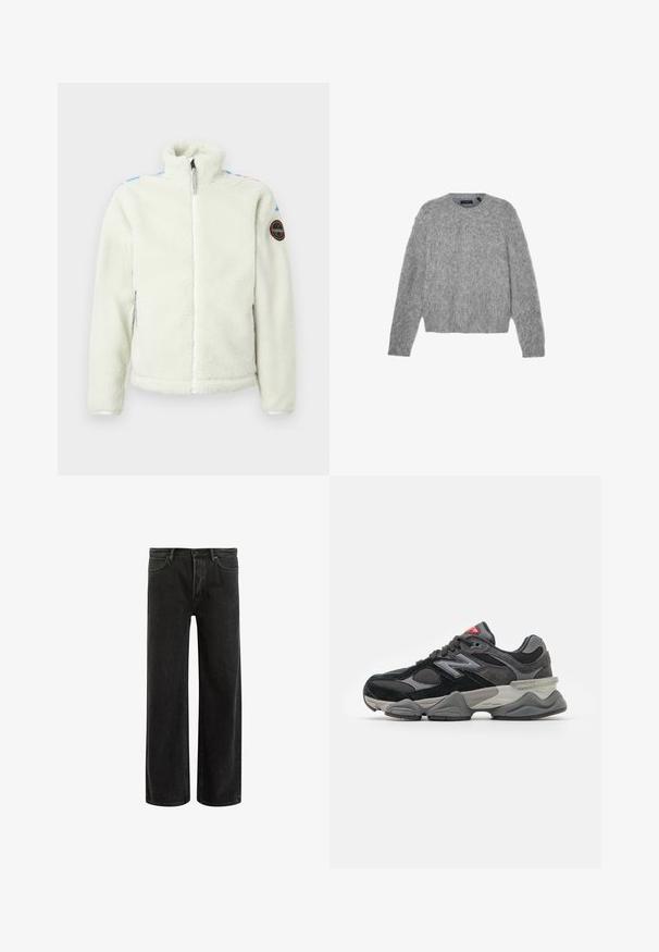 Fehér bolyhos dzseki magas gallérral, cipzárral, oldalzsebekkel és egy kerek folttal a bal karon, amely színes részletekkel rendelkezik a vállakon.; Szürke, hosszú ujjú pulóver bolyhos anyagból, kerek nyakkivágással és rövid fazonnal. Simaságával lágy, könnyű megjelenést kölcsönöz.; Zöld pamut póló rövid ujjakkal, bordás kerek nyakkivágással és hímzett Nike logóval a mellkasán. Simá szövet és laza fazon.; Fekete farmerszövet, bő szárú nadrág magas derékkal, klasszikus ötpocket kivitelben, és finom kopással a texturált megjelenés érdekében.; Fekete és szürke sportcipő, amely velúr és hálós anyagok keverékéből készült, vastag talppal, hangsúlyos logóval és piros akcentussal a nyelvén.