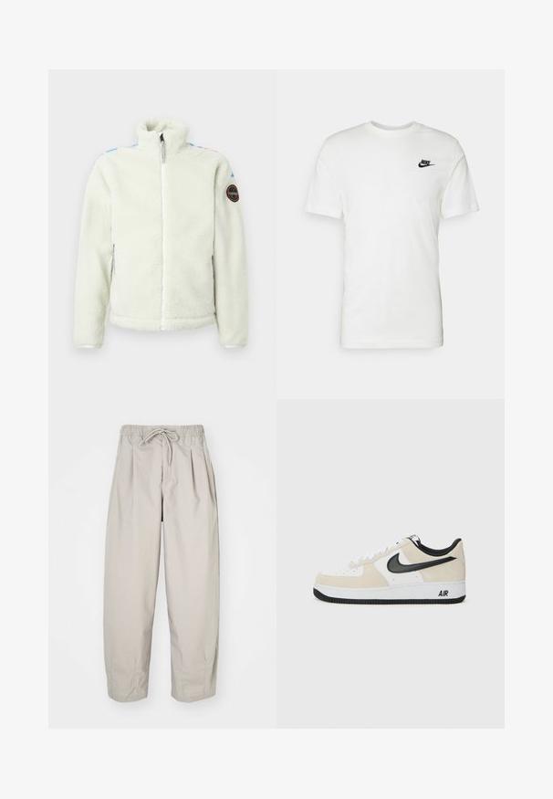 Casaco de fleece branco com colarinho alto, fecho de correr, bolsos laterais e um emblema redondo na manga esquerda, com detalhes coloridos nos ombros.; T-shirt branca de algodão com mangas curtas, decote redondo e um logotipo preto da Nike na área esquerda do peito. Textura suave e ajuste clássico.; Calças leves, bege, com cintura elástica e cordão. Apresenta pregas e um corte largo, confeccionadas em tecido suave e liso.; Sapatilhas com parte superior em camurça bege claro e couro branco, swoosh da Nike em preto, detalhes em preto e uma sola de borracha branca com a marca "AIR".