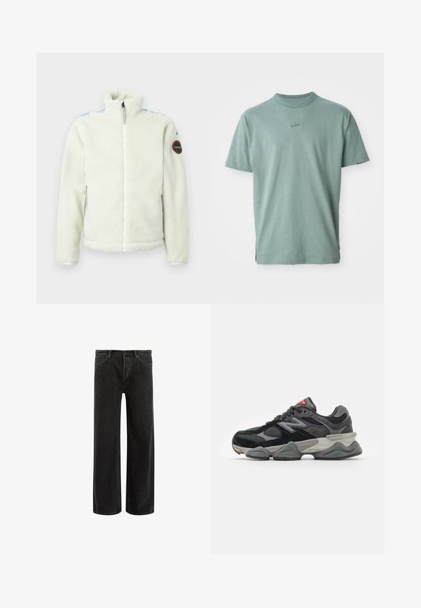 Biała polarowa kurtka z wysokim kołnierzem, zamek błyskawiczny, boczne kieszenie oraz okrągła naszywka na lewym ramieniu z kolorowymi akcentami na ramionach.; Zielona bawełniana koszulka z krótkim rękawem, prążkowany okrągły dekolt, haftowane logo Nike na piersi. Gładka struktura i luźny krój.; Czarne dżinsy o szerokich nogawkach z wysokim stanem, z klasycznym pięciopunktowym krojem oraz delikatnym wyblaknięciem dla uzyskania teksturowanego wyglądu.; Czarno-szare sneakersy z połączeniem materiałów zamszowych i siateczkowych, gruba podeszwa, wyraźne logo oraz czerwony akcent na języku.