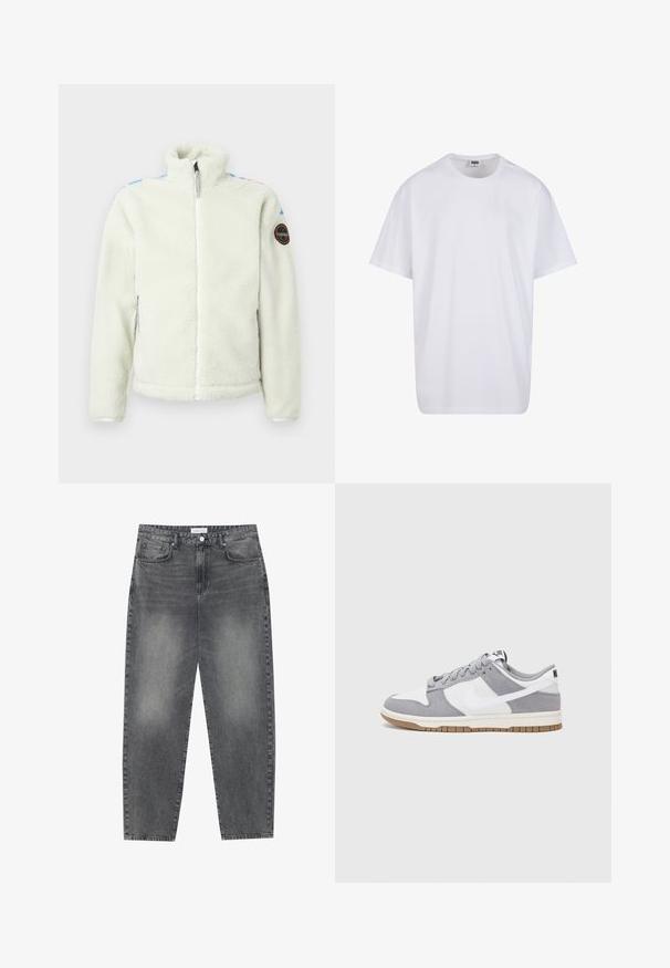 Balta pūkinė striukė su aukštu apykakle, užtrauktuku, šoninėmis kišenėmis ir apvaliu ženkleliu ant kairiojo rankovės, turinčiu spalvingus akcentus ant pečių.; Balta medvilninė marškinėlių užsagėlė su trumpomis rankovėmis, apvaliu kaklu, laisva forma ir be matomų logotipų ar raštų. Lygi tekstūra ir minimalus dizainas.; Aukštai juosmeniu, laisvai krentančios džinsai iš blukusių juodų džinsų. Savybės: penki kišenės, diržo kilpos ir švari, tiesi kojų dizainas.; Pilka ir balta sportinė avalynė su zomšiniu ir odiniu viršumi, suapvalintu pirštu, plokščiomis raištelėmis ir guminėmis padais su guminiu akcentu.