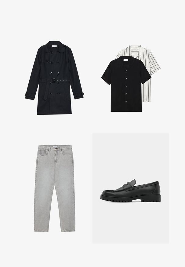 Černý trenčkot s dvojitým zapínáním, lesklými černými knoflíky, pásem v pase a dvěma předními kapsami. Hladká, texturovaná tkanina.; Dvě košile s krátkým rukávem: jedna jednobarevná černá, druhá bílá s černými vertikálními pruhy. Obě mají zapínání na knoflíky a klasický límeček.; Světlé šedé džíny s rovnými nohavicemi, pět kapsami a knoflíkovým zapínáním. Viditelné švy podél švů.; Černé kožené mokasíny s kulatou špičkou, zdobené prošitím, s nízkou platformou a texturovanou gumovou podrážkou s drážkováním.