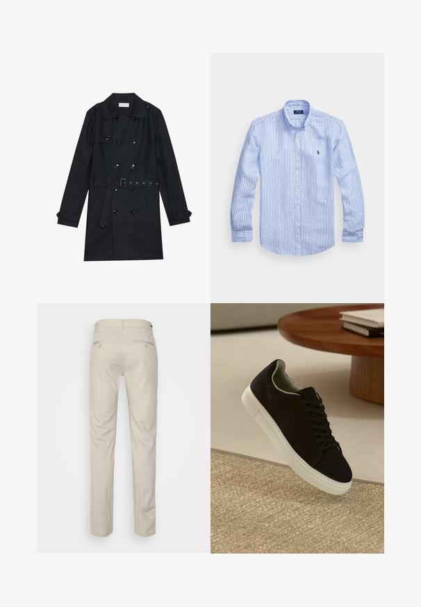 Cappotto nero lungo con design doppiopetto, bottoni neri lucidi, vita con cintura e due tasche frontali. Tessuto liscio e testurizzato.; Camicia a maniche lunghe a righe bianche e blu in cotone, con colletto button-down, bottoni frontali e un piccolo logo ricamato sul petto.; Pantaloni beige con una texture liscia, taglio dritto, due tasche posteriori con bottoni e vita standard.; Sneaker nero con suola bianca che flotta sopra un tappeto beige testurizzato vicino a un tavolo rotondo in legno con libri impilati.