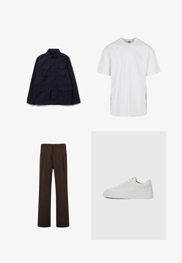Chaqueta militar de color azul marino, hecha de algodón, con un cuello alto, dos bolsillos superiores y dos bolsillos inferiores con solapa.; Camiseta de algodón blanca con escote redondo y mangas cortas. El diseño es liso, sin patrones ni acentos.; Pantalones marrones de diseño recto, con cierre de botón y pliegues, hechos de una tela suave. Sin bolsillos visibles ni patrones.; Zapatillas bajas de cuero blanco con punta redonda, suela de goma blanca plana y un detalle de costura minimalista. Cordones asegurados a través de seis ojales.