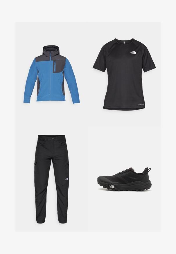CMP MAN JACKET ZIP HOOD - Softshelljas - bluestone/antracite; Zwarte sportshirt met korte mouwen van textuurstof, met een wit logo op de linkerborst en een rechte zoom.; The North Face HORIZON PANT - Outdoorbroeken - black; Zwarte trailrunning schoen met een gestructureerde bovenkant, rubberen zool en versterkte neus. Voorzien van een gevoerde kraag en een trekhaak voor eenvoudig aan- en uittrekken.