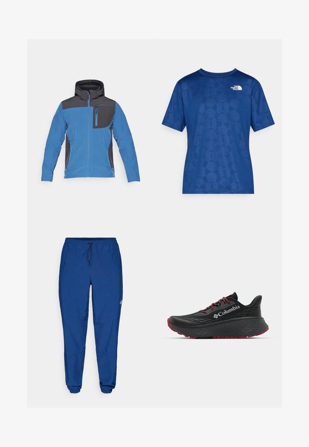 CMP MAN JACKET ZIP HOOD - Softshell-jope - bluestone/antracite; Sinine lühikeste varrukatega särk tekstureeritud geomeetrilise mustriga ja valge logoga vasakul ülal. Valmistatud kergest ja hingavast materjalist.; Sinised kerged dressipüksid, millel on elastne vöökoht, nöör ja elastsed mansetid. Omab küljetaskuid ja logot alumise jala lähedal.; Mustan värvi spordijalats tekstuuriga pealisega, punaste paelte ja logoga. Paksem tallaga, millel on mustritooted kaheksast edasi liikumiseks. Minimalistlik disain, külgvaade.