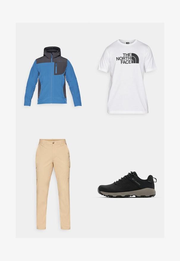 CMP MAN JACKET ZIP HOOD - Mekana jakna - bluestone/antracite; Bjela pamučna majica s crnim grafičkim printom koji uključuje tekst i zakrivljeni dizajn logotipa. Okrugli izrez i kratki rukavi. Jednostavna tekstura.; Bež cargo hlače sa zatvaranjem na dugme, uskog kroja, bočnim džepovima i glatkom mješavinom pamuka. Nema vidljivih uzoraka ili akcenata.; Crne planinarske cipele s glatkim gornjim dijelom, perforiranim dizajnom, sivoj potplati i ojačanim petom. Sadrže vezice i petlju za lakše oblačenje.