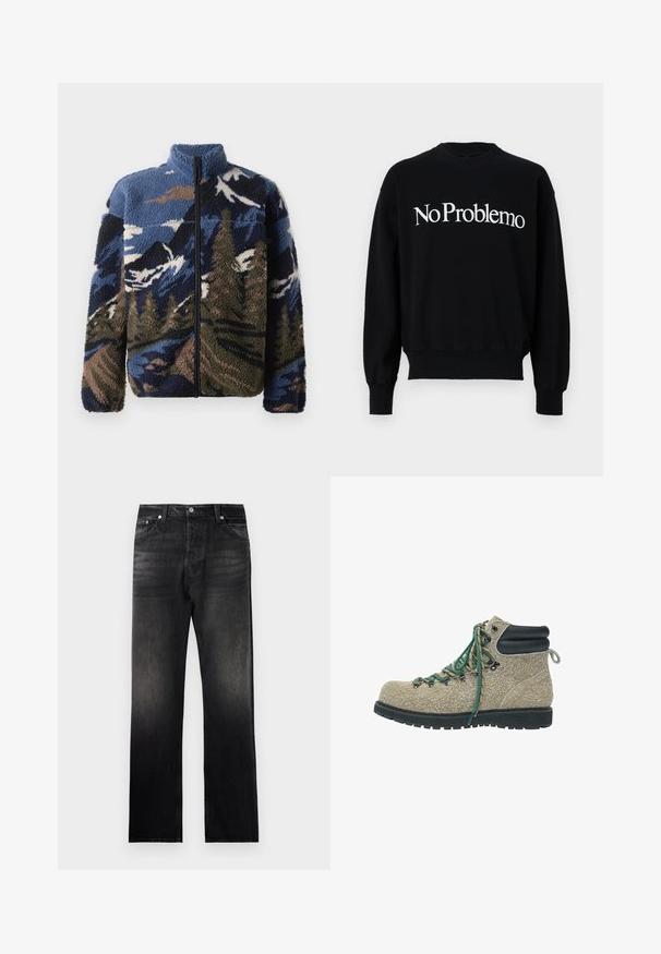 Giacca in pile con collo alto, caratterizzata da un motivo paesaggio montano multicolore in tonalità di blu, marrone e verde; chiusura frontale con zip.; Felpa nera, con collo rotondo, con la scritta bianca "NoProblemo" sul petto. Polsini e orlo a costine, tessuto morbido.; Jeans in denim nero con un taglio diritto, caratterizzati da un effetto sfumato, design a cinque tasche e dettagli in metallo.; Scarponcino da escursionismo in materiale beige texture con lacci verdi e beige, colletto alla caviglia imbottito nero e suola spessa nera e robusta.